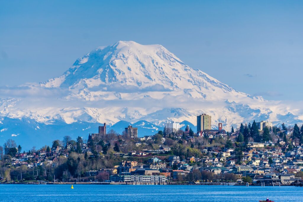 Photo of Mt Rainier overlooking the city of Tacoma.