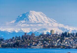 Photo of Mt Rainier overlooking the city of Tacoma.