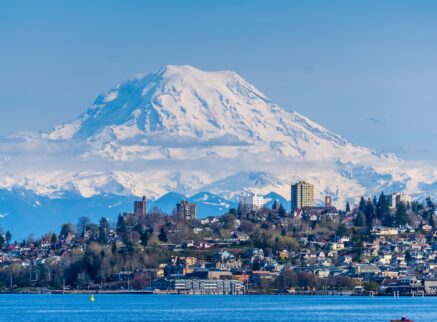 Photo of Mt Rainier overlooking the city of Tacoma.